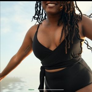 Aerie Black Large Long One Piece Wrap Swimsuit